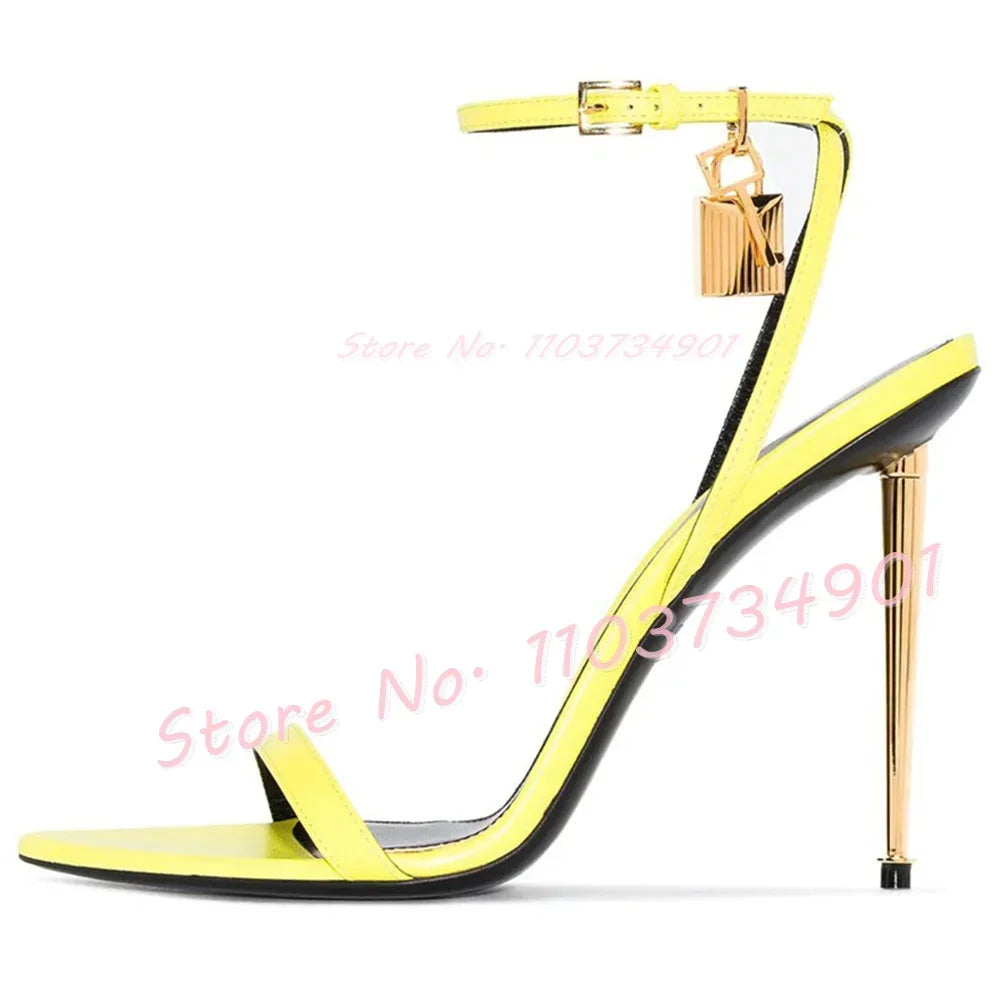 Metal Heel Lock Metallic Leather Sandals Female Luxury Open Toe Stiletto High Heels Shoes Lady Elegant Party Ankle Strap Sandals