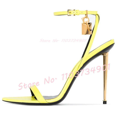 Metal Heel Lock Metallic Leather Sandals Female Luxury Open Toe Stiletto High Heels Shoes Lady Elegant Party Ankle Strap Sandals