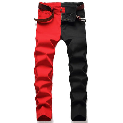 New Men 2022 American Style Fashion Stitching Two-color Yellow and Red Trend Stretch Jeans Male Trousers Denim Pants
