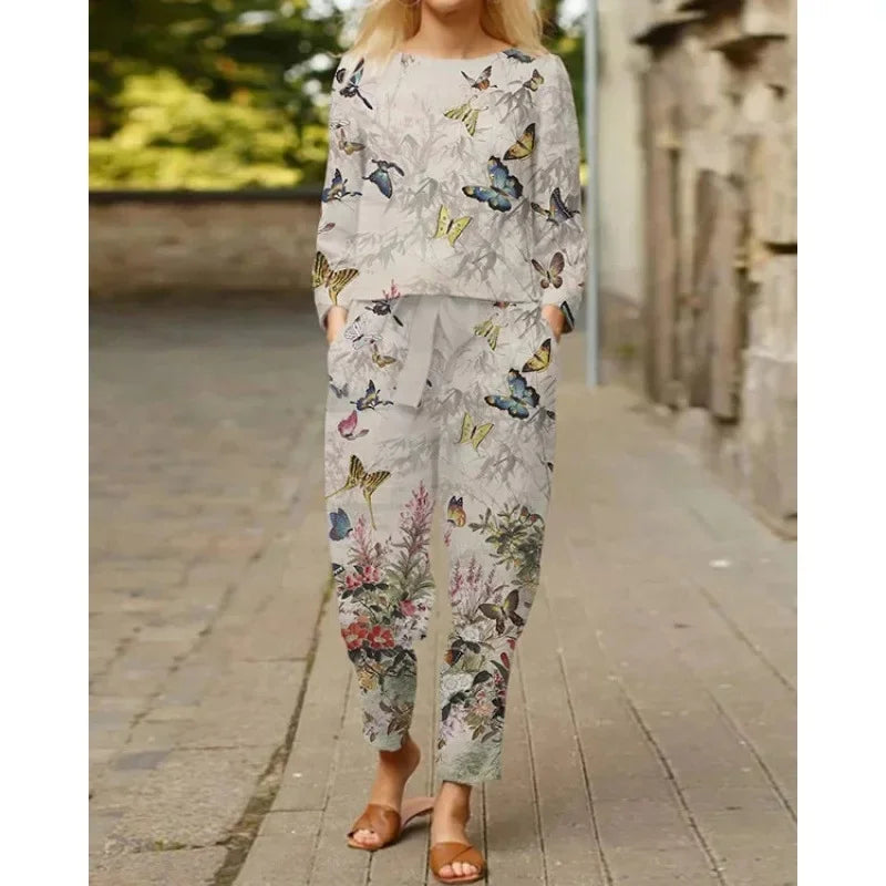 Spring Summer New Vintage Print Long Sleeve round Neck T-Shirt Set Wide Leg Pants Ethnic Style Fashionable Women's Outfit