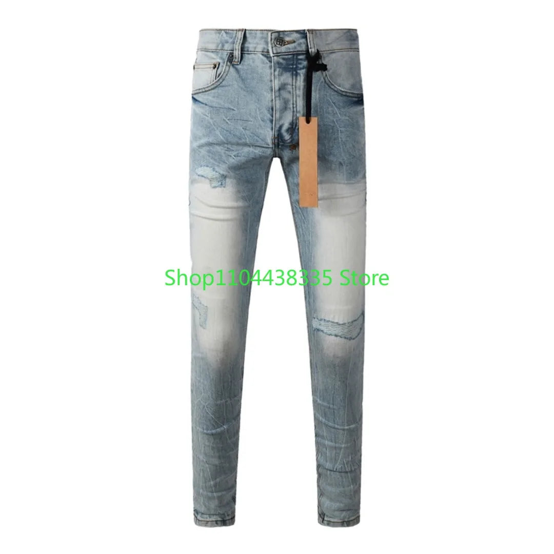 25fw High Street Men's Jeans Paint Hole Trend Low Rise Skinny Denim Pants Pleated Ripped Solid Trousers