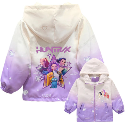 KPop Demon Hunters Girls Hood Jacket Kids Windbreak Coat Outdoor Casual Waterproof Jackets Zip Up Coat Movie Anime Outerwear