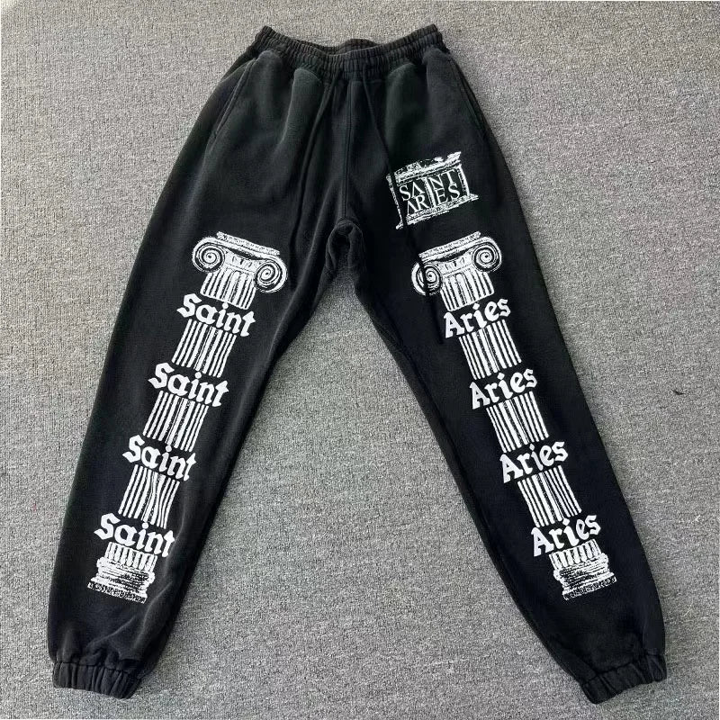 High Street Retro Fall Winter Hip Hop Casual Pants Washed Graffiti Printed Men Women Bunch Leg Saint High Quality Sweatpants
