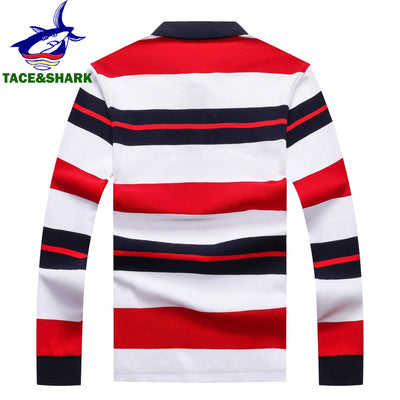 TACE&SHARK Fashion Brand Shark Long Sleeve Polo 2024 Men Stripe Camisa Masculina Casual Business Blue Polo Clothing