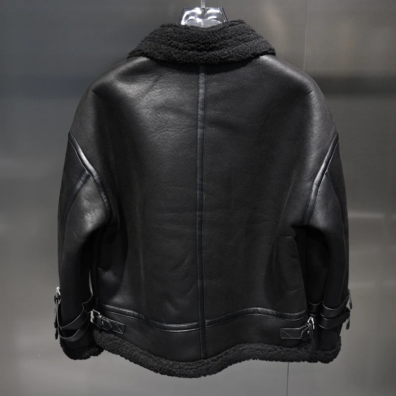 Thiened Winter Flight Jaet Lamb Fur Lined Inteated Leather Metal Bule Design Warm Coat Outerwear for Men