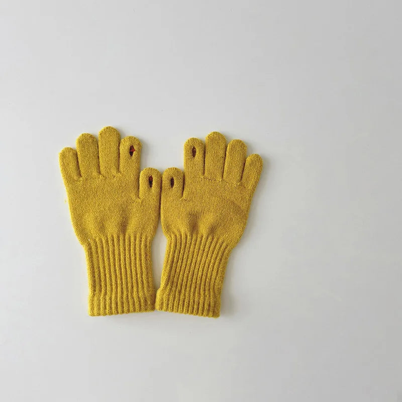 Winter Warm Children Long Gloves Solid Woolen Five Finger Glove Embroidered Love Kintted Mittens 4-8year Kids Touchscreen Gloves