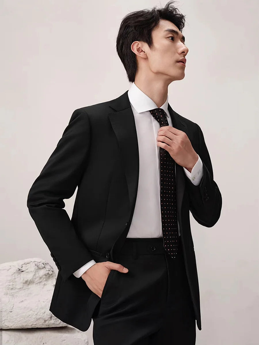 100% Wool Luxury Black Mens Suits Set Casual Businessman Daily Wear Fashion Wedding Groom Formal Suit Blazer + Pant Slim Fit 54