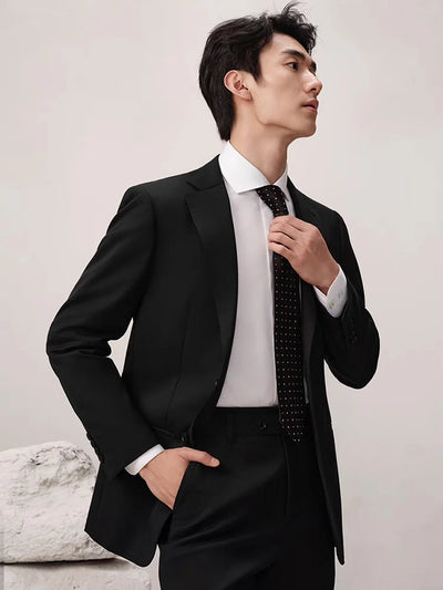 100% Wool Luxury Black Mens Suits Set Casual Businessman Daily Wear Fashion Wedding Groom Formal Suit Blazer + Pant Slim Fit 54