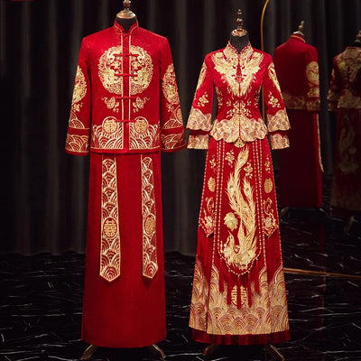 Traditional Chinese Bridegroom Bride Wedding Dress Qipao Costume Classic Embroidered Dragon Phoenix Cheongsam Hanfu Clothing 4XL