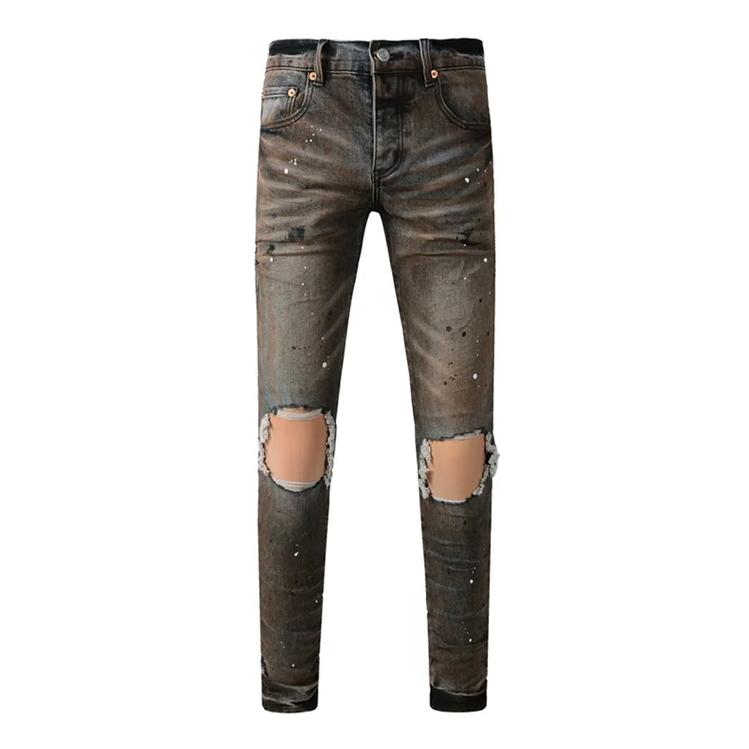 Americans High Street Trendy Men's Jeans Low Rise Stretch PantsSkinny Button Fly Ripped Retro Hold Trousers