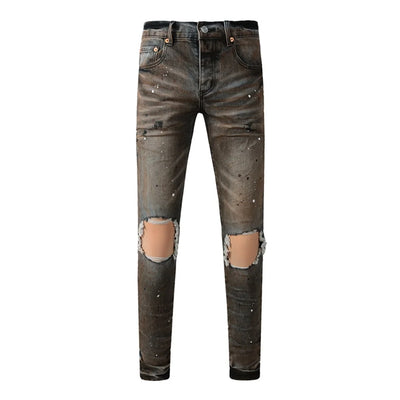 Americans High Street Trendy Men's Jeans Low Rise Stretch PantsSkinny Button Fly Ripped Retro Hold Trousers