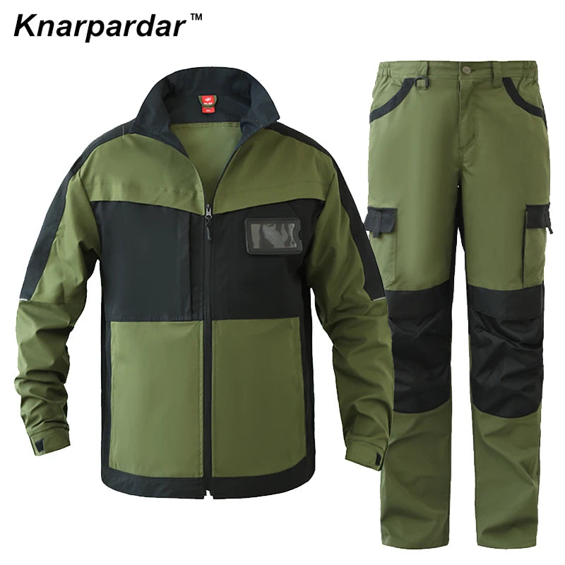 Men's Green Blue Work Suit Work Jacket and Pants with Knee pads Construction Maintenance workers Auto Repair Workwear