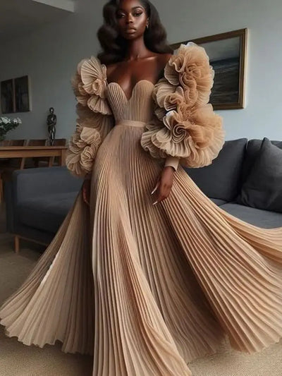 Pretty Champagne Pleated A-line Long Evening Dresses Ruffles Floral Puff Sleeves Modest Formal Party Dresses African Maxi Gowns