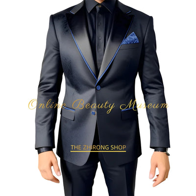 Men Suits 2 Piece Black Luxury Texture With Satin Gold Accent Jacket Pants Set Wedding Party Attire Bespoke Tuxedo For Men