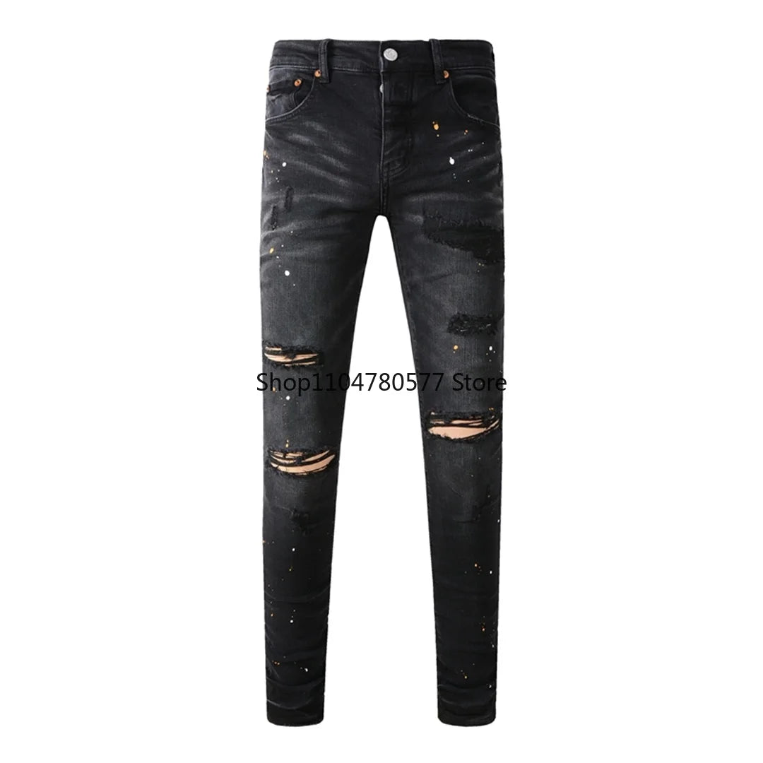 Americans High Street Trendy Men's Jeans Low Rise Stretch PantsSkinny Button Fly Ripped Retro Hold Trousers