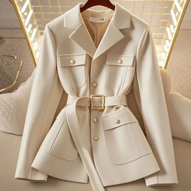 New High End Fashion Suit Jacket Coat Women Elegant Celebrity Pocket Long Sleeve Lapel Slim Blazer Outerwear Office Lady Tops