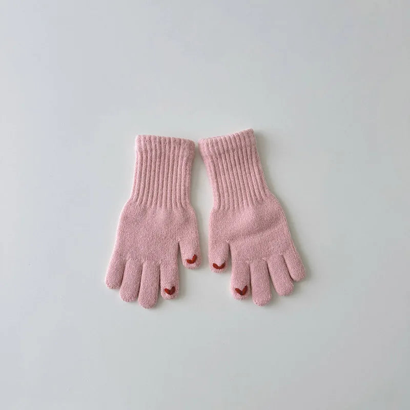 Winter Warm Children Long Gloves Solid Woolen Five Finger Glove Embroidered Love Kintted Mittens 4-8year Kids Touchscreen Gloves