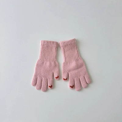 Winter Warm Children Long Gloves Solid Woolen Five Finger Glove Embroidered Love Kintted Mittens 4-8year Kids Touchscreen Gloves