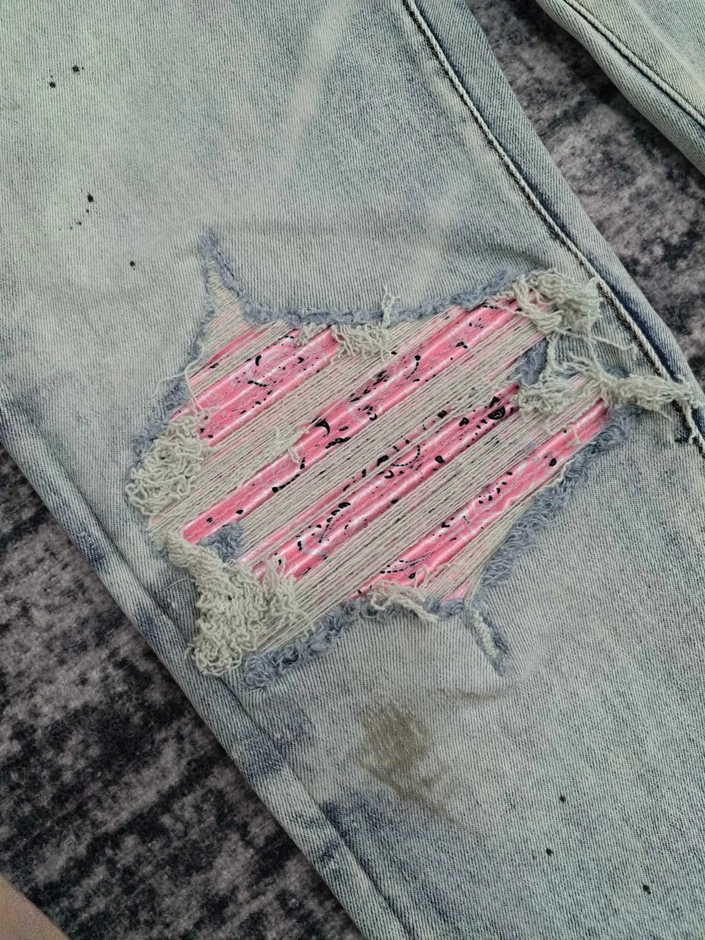 men dirty washed pink ribbed patch distressed jeans
