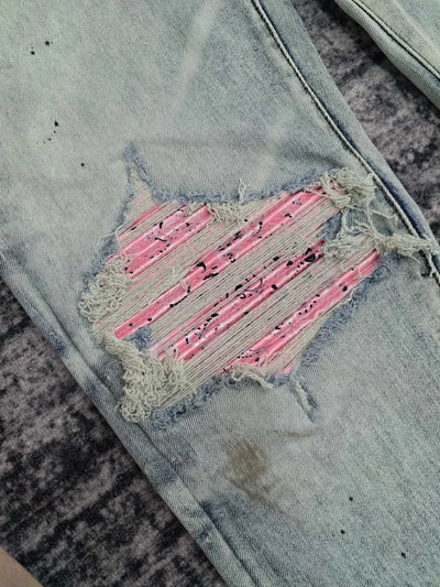 men dirty washed pink ribbed patch distressed jeans