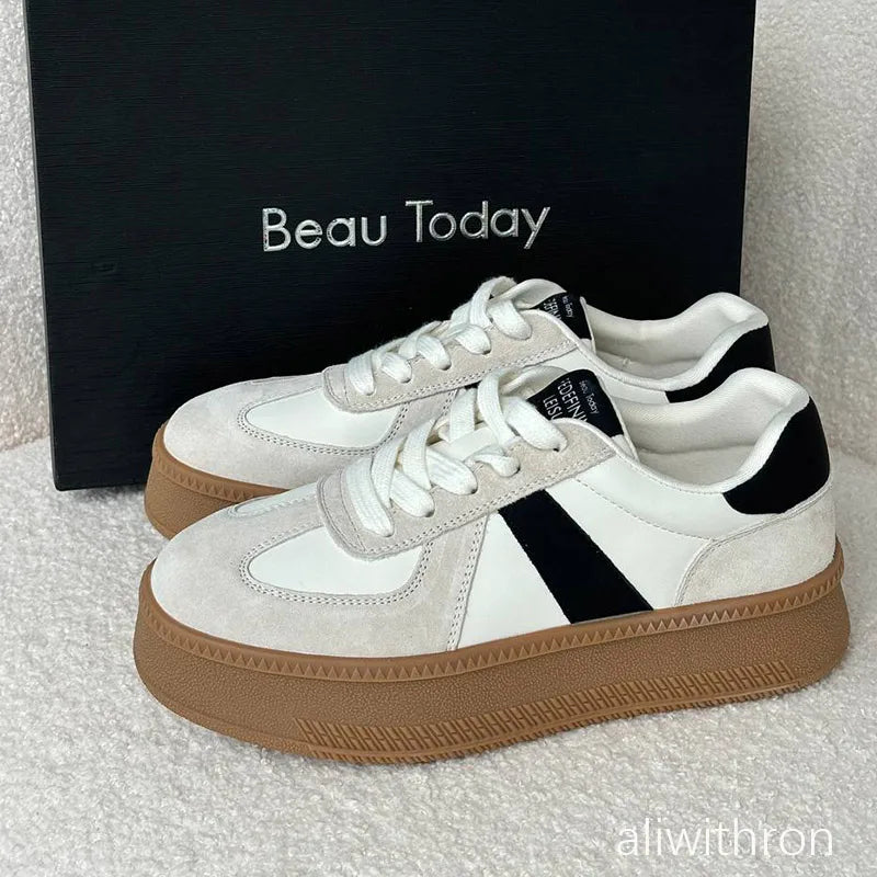 BEAUTODAY Fashion Sneakers Women Breathable Pigskin Mixed-colors Lace-up Style Round Toe Ladies Shoes Handmade 29864