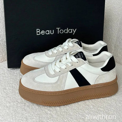 BEAUTODAY Fashion Sneakers Women Breathable Pigskin Mixed-colors Lace-up Style Round Toe Ladies Shoes Handmade 29864