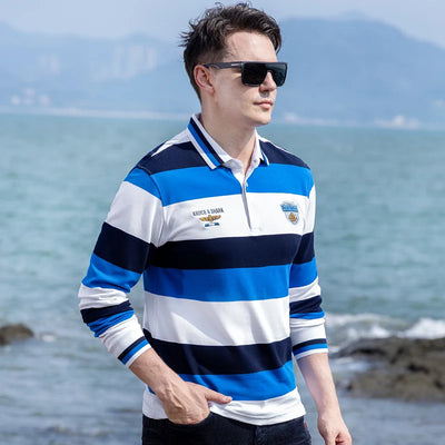 New Striped Long Polos For Men Thicken Stretch Cotton Autumn Clothing Bruce&Shark Korean Style Winter Base Man Tops Big Size 4XL