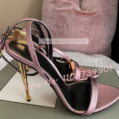 Metal Heel Lock Metallic Leather Sandals Female Luxury Open Toe Stiletto High Heels Shoes Lady Elegant Party Ankle Strap Sandals