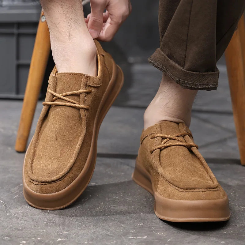 Men's Casual Shoes Lace-up Cow Suede Genuine Leather Thick Sole Mens Classic Retro British Style Outdoor Driving Flats