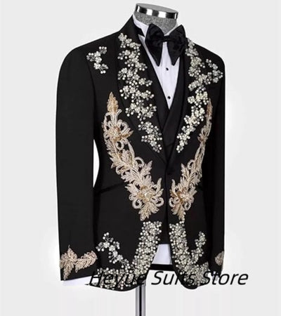 Luxury Applique Beads Men Suits Customized Groom Wedding Party Tuxedos 3 Pieces Sets Slim Fit Male Blazes Fashion Costumes Homme
