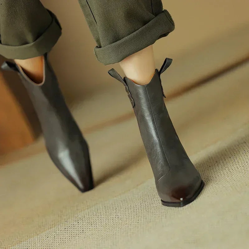 2025 Autumn/winter Women Boots Genuine Leather Western Boots Women Shoes Pointed Toe Chunky Heel Chelsea Boots Retro Ankle Boots