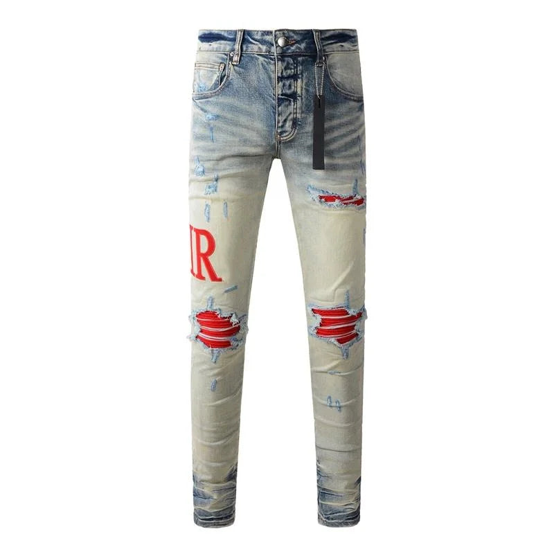 Fashion Top Quality Streetwear Distressed Men's Jeans  Vintage Low Rise Stretch Skinny Button Fly Ripped Hold Pants