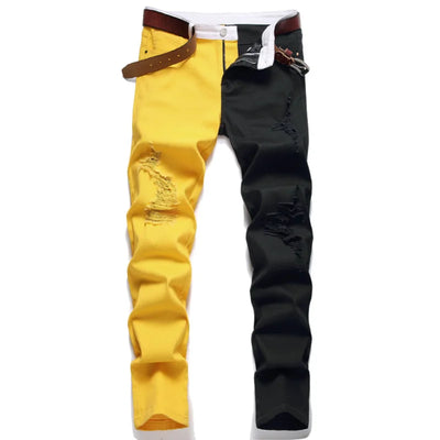 New Men 2022 American Style Fashion Stitching Two-color Yellow and Red Trend Stretch Jeans Male Trousers Denim Pants