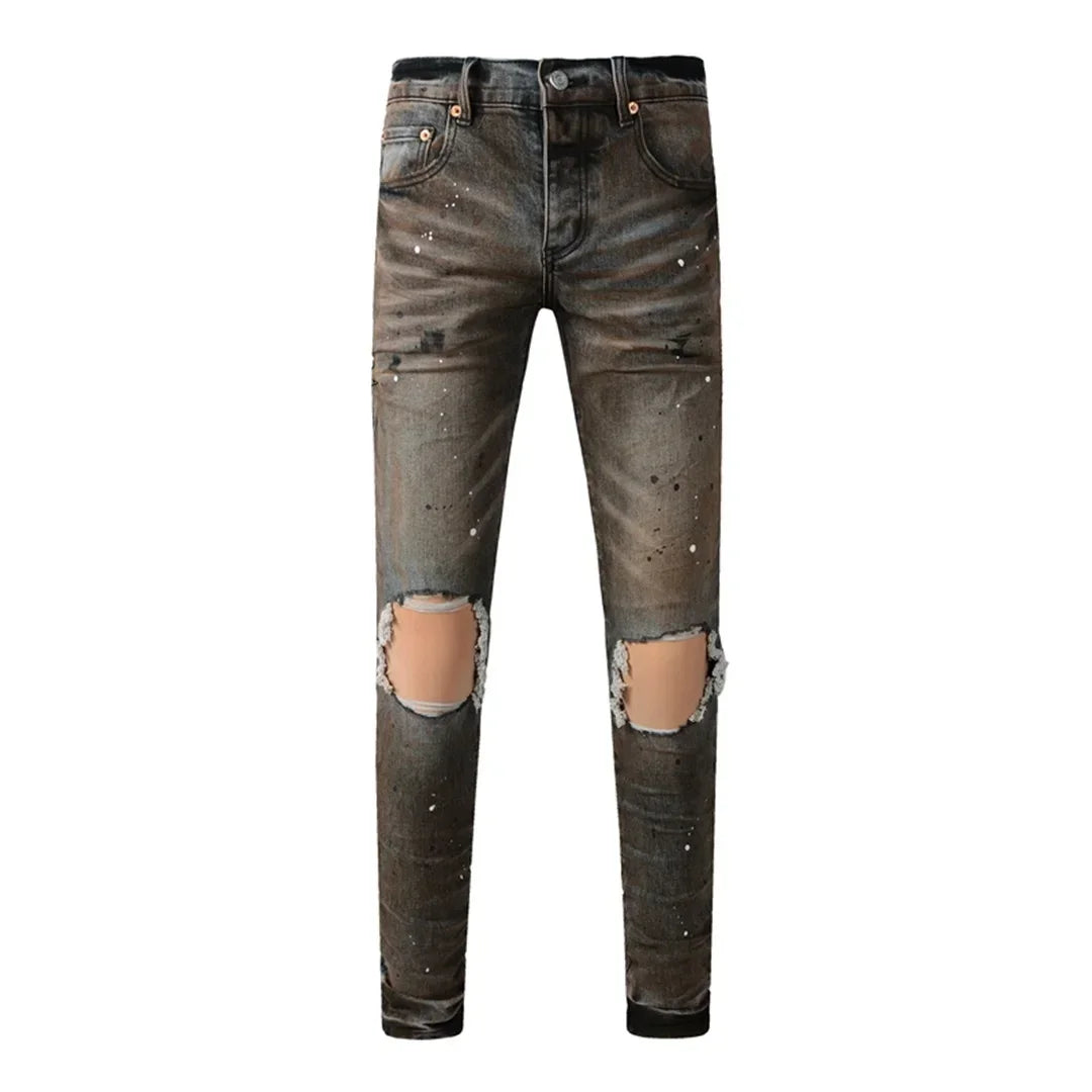 Fashion American Streetwear Distressed Vintage Men's Jeans Low Rise Stretch Skinny Button Fly Ripped Hold Pants