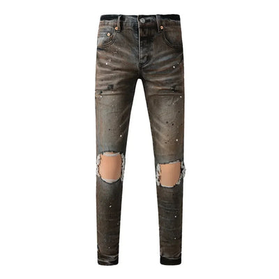 Fashion American Streetwear Distressed Vintage Men's Jeans Low Rise Stretch Skinny Button Fly Ripped Hold Pants