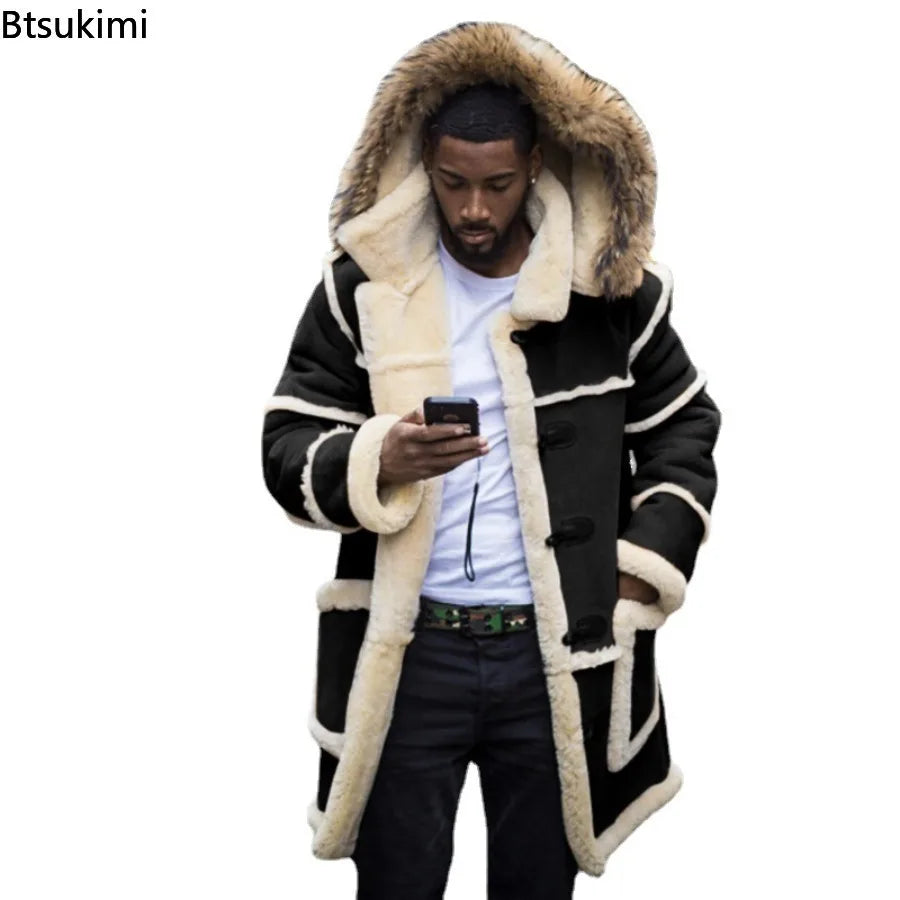 Overcoats Winter Men Jackets Loose Long Cotton-padded Coats Fashion Patchwork Thickened Plush Warm Jackets Casual Streetwear Man