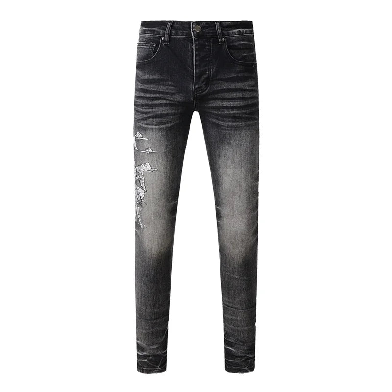 Fashion Top Quality Streetwear Distressed Men's Jeans  Vintage Low Rise Stretch Skinny Button Fly Ripped Hold Pants