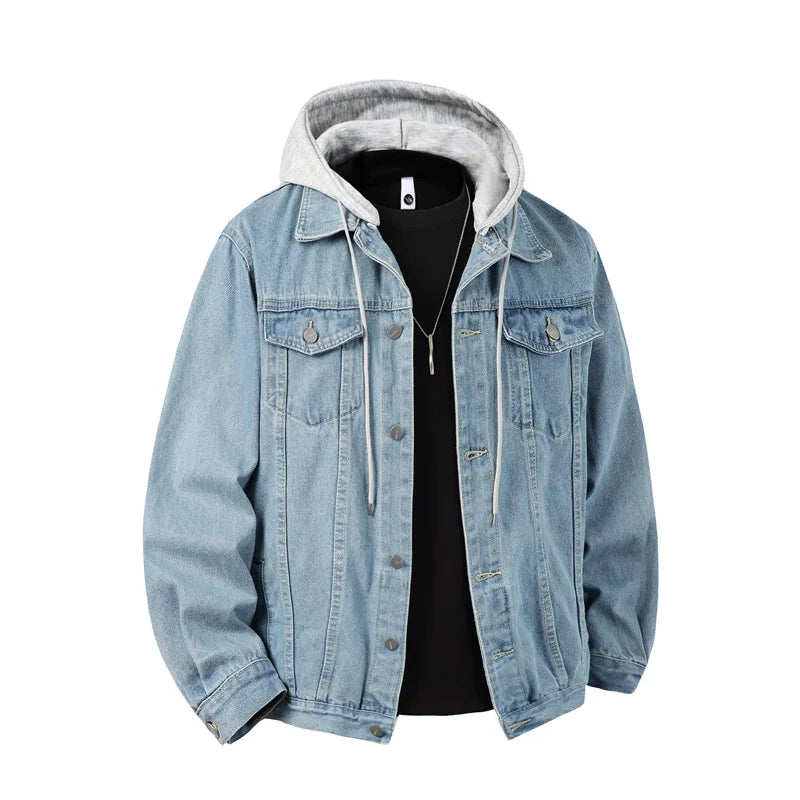 Autumn Green Men's Hooded Denim Jacket, Detachable Hood, Available in Gray, Black, and Blue.