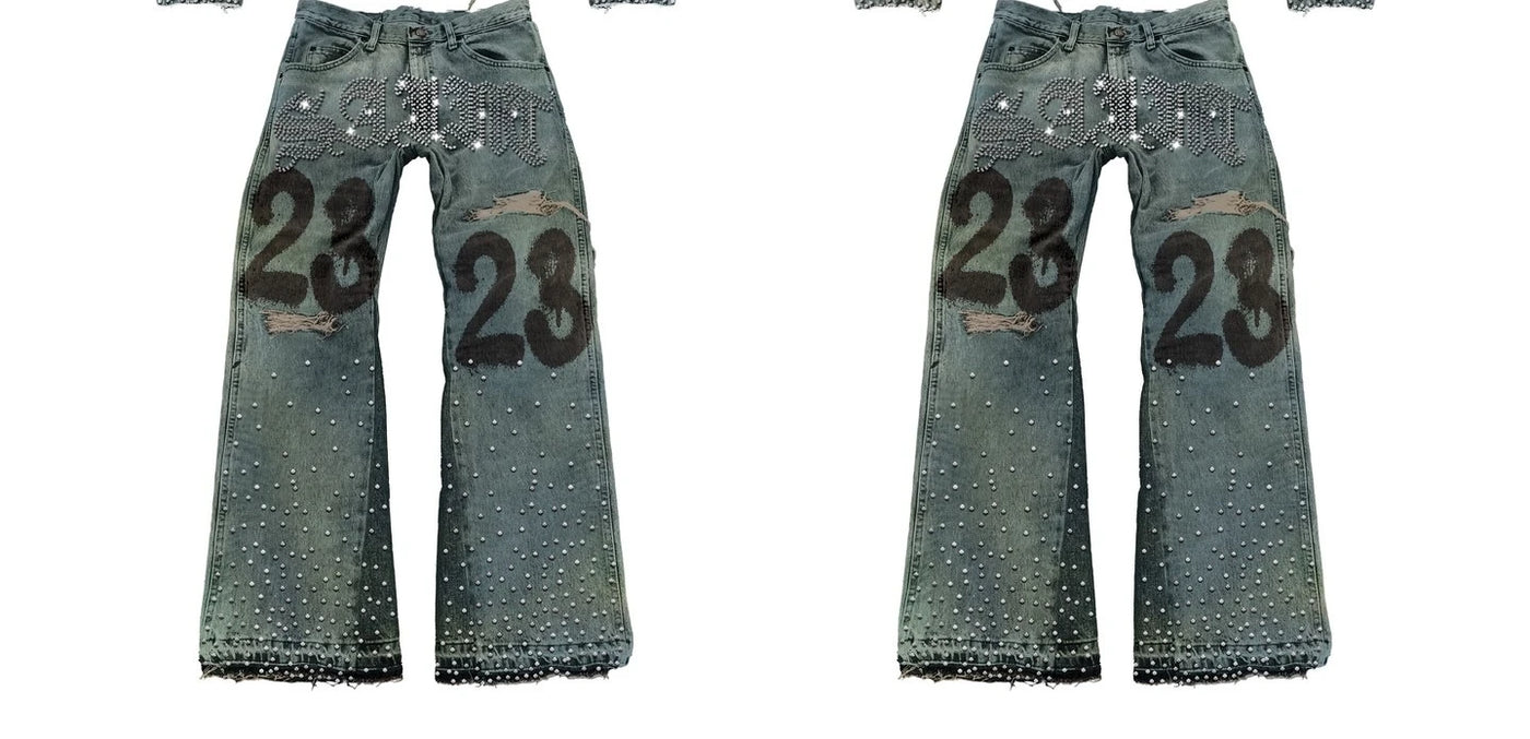 Mens Clothes Letter Embroidery Patchwork Rhinestone Y2k Two Piece Set Hip Hop Retro Zipper Denim Jacket Baggy Jeans Streetwear