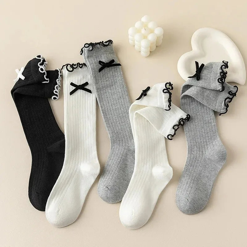 1 Pair Chic Simplicity Kids Girl Sock Sweet Fashion Bow Ruffle Bow Children Girl Calf Sock Spring Autumn Cotton School Sock