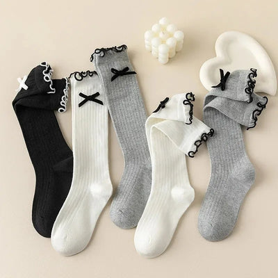 1 Pair Chic Simplicity Kids Girl Sock Sweet Fashion Bow Ruffle Bow Children Girl Calf Sock Spring Autumn Cotton School Sock