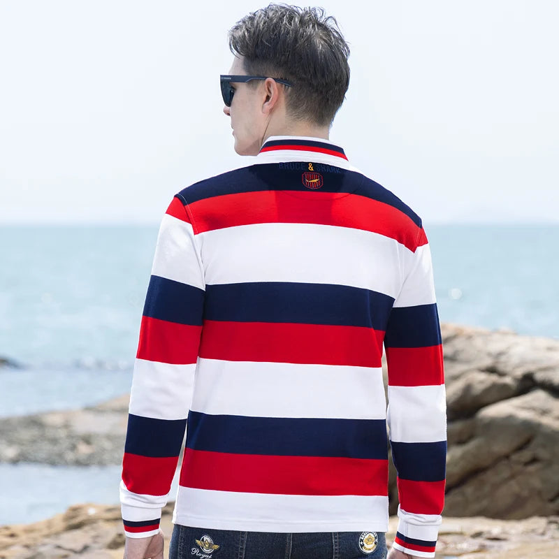 New Striped Long Polos For Men Thicken Stretch Cotton Autumn Clothing Bruce&Shark Korean Style Winter Base Man Tops Big Size 4XL