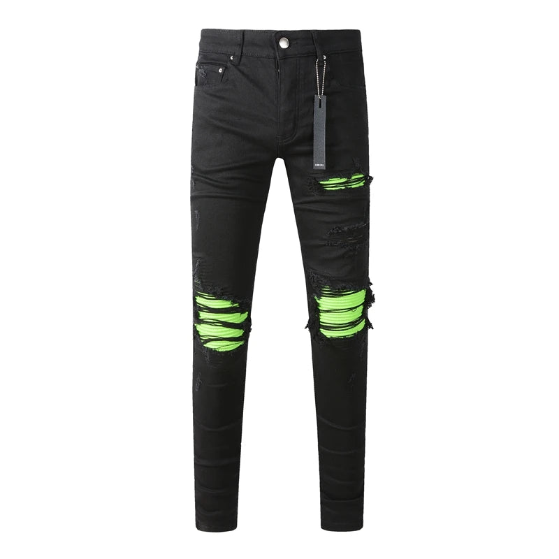 Fashion Top Quality Streetwear Distressed Men's Jeans  Vintage Low Rise Stretch Skinny Button Fly Ripped Hold Pants