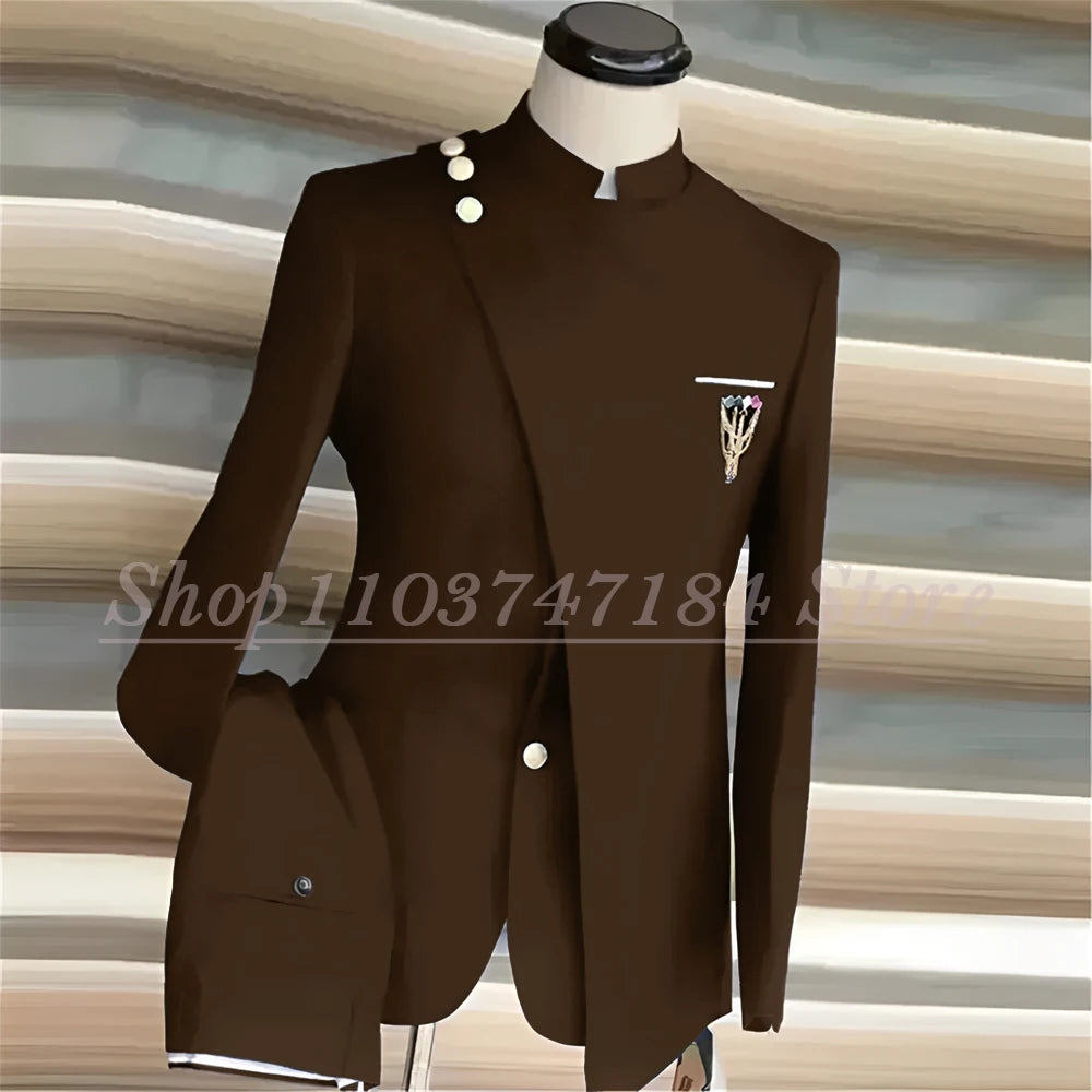 Navy Blue Men's Suits Single Breasted Stand Lapel Blazer African Style Formal Occasion Party 2 Piece Jacket Pants Costume Homme