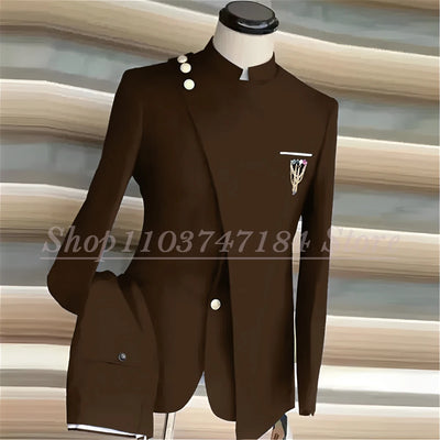Navy Blue Men's Suits Single Breasted Stand Lapel Blazer African Style Formal Occasion Party 2 Piece Jacket Pants Costume Homme