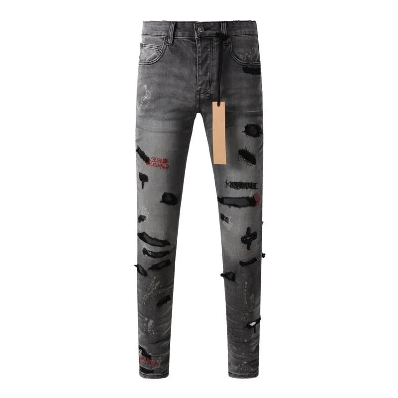 25fw High Street Men's Jeans Paint Hole Trend Low Rise Skinny Denim Pants Pleated Ripped Solid Trousers