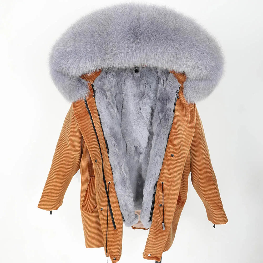 MAOMAOKONG 2022 Winter Parkas With Natural Real Raccoon Fur Collar Women Fur Coat CorduroyWarm Long Jacket Female Clothing