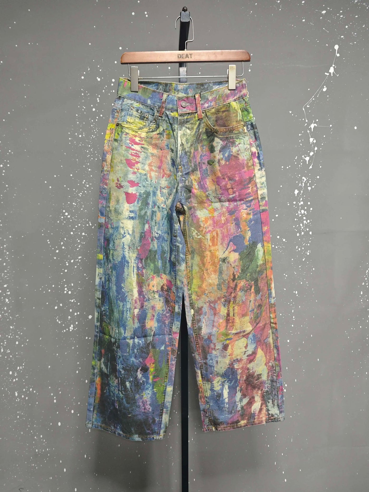 DEAT Women's Jeans High Waist Retro Colorful Straight Printed Splashed Ink Graffiti Denim Pants 2025 New Fashion Summer 29L9916