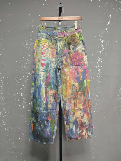DEAT Women's Jeans High Waist Retro Colorful Straight Printed Splashed Ink Graffiti Denim Pants 2025 New Fashion Summer 29L9916