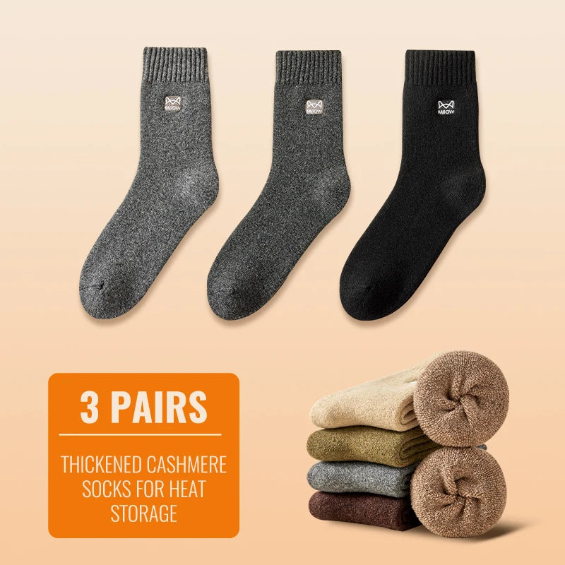 MiiOW Merino Wool Socks Men Winter Thicken Heated Sock Cold Resistant Cashmere Stocking Snow Boots Retro Brown Warm Towel Socks